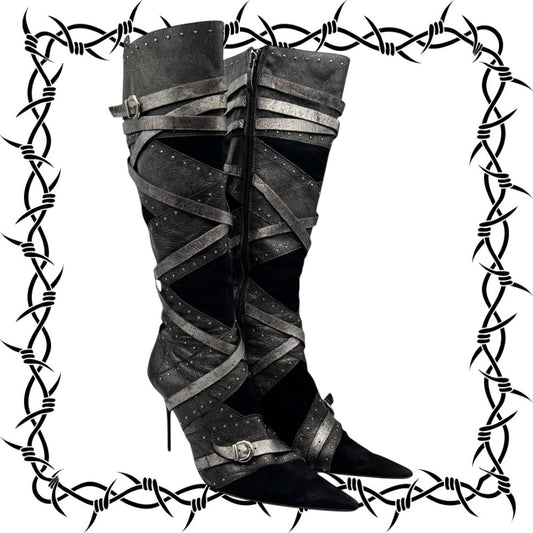 Beautiful vintage El Dantes grey/black colored pointy leather boots size 37