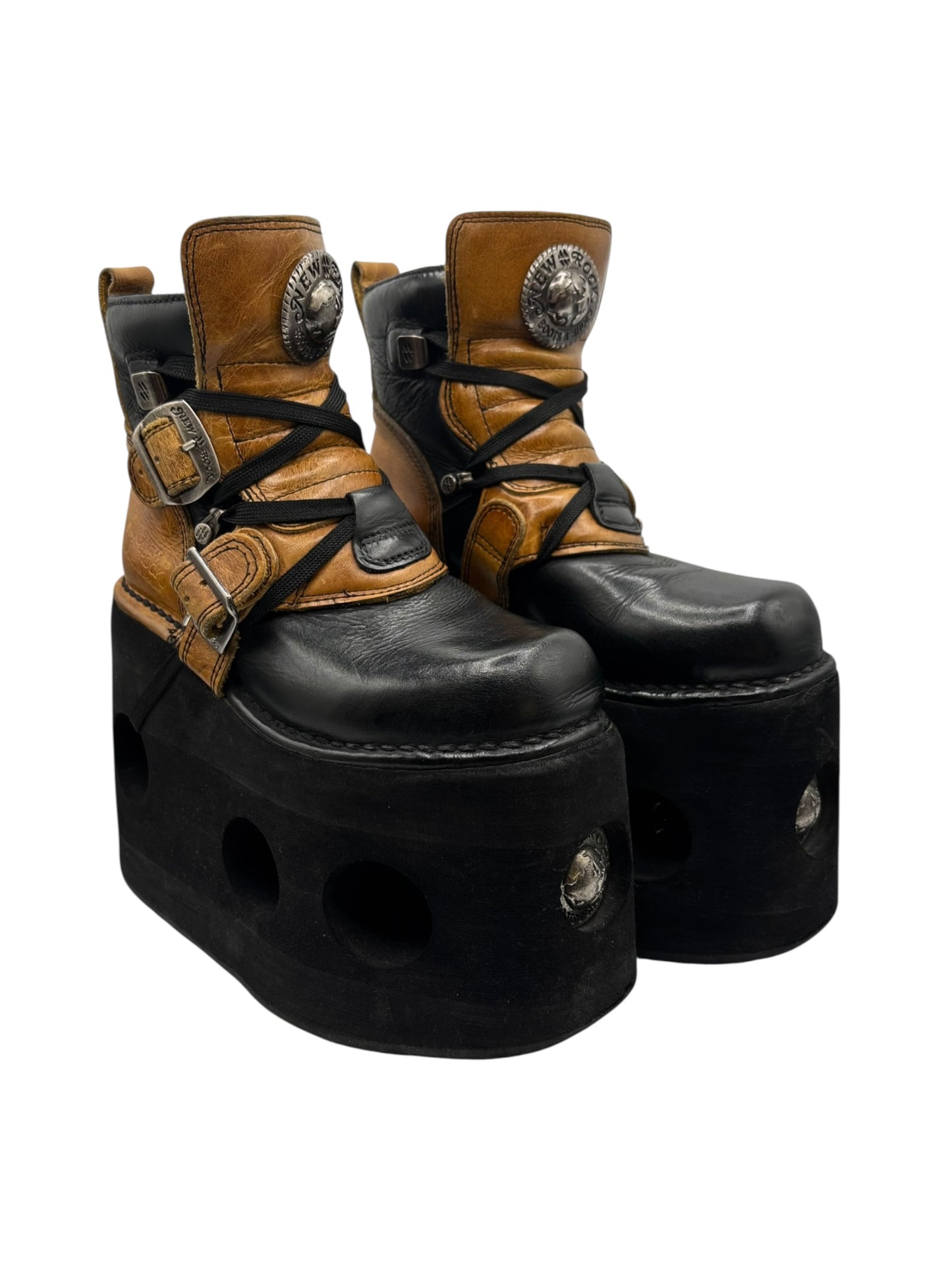 Vintage 90s New Rock jupiter black and yellow platform boots size 36