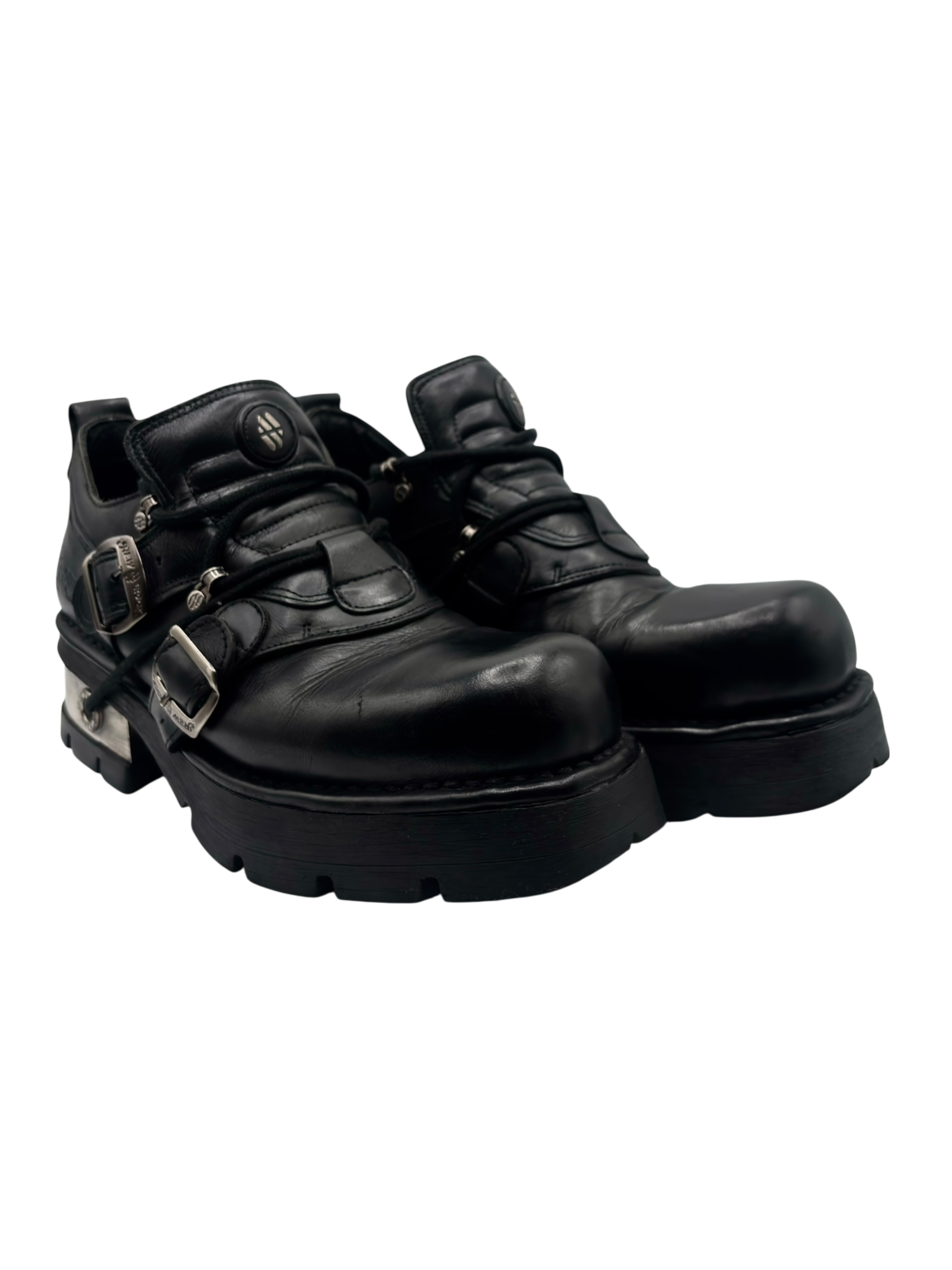 Vintage New Rock leather raised-heel buckle boots size 45