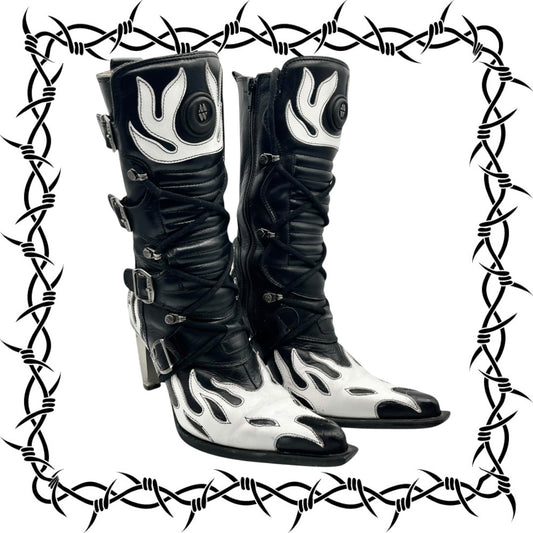 Vintage New Rock white flame pointy biker heels size 36
