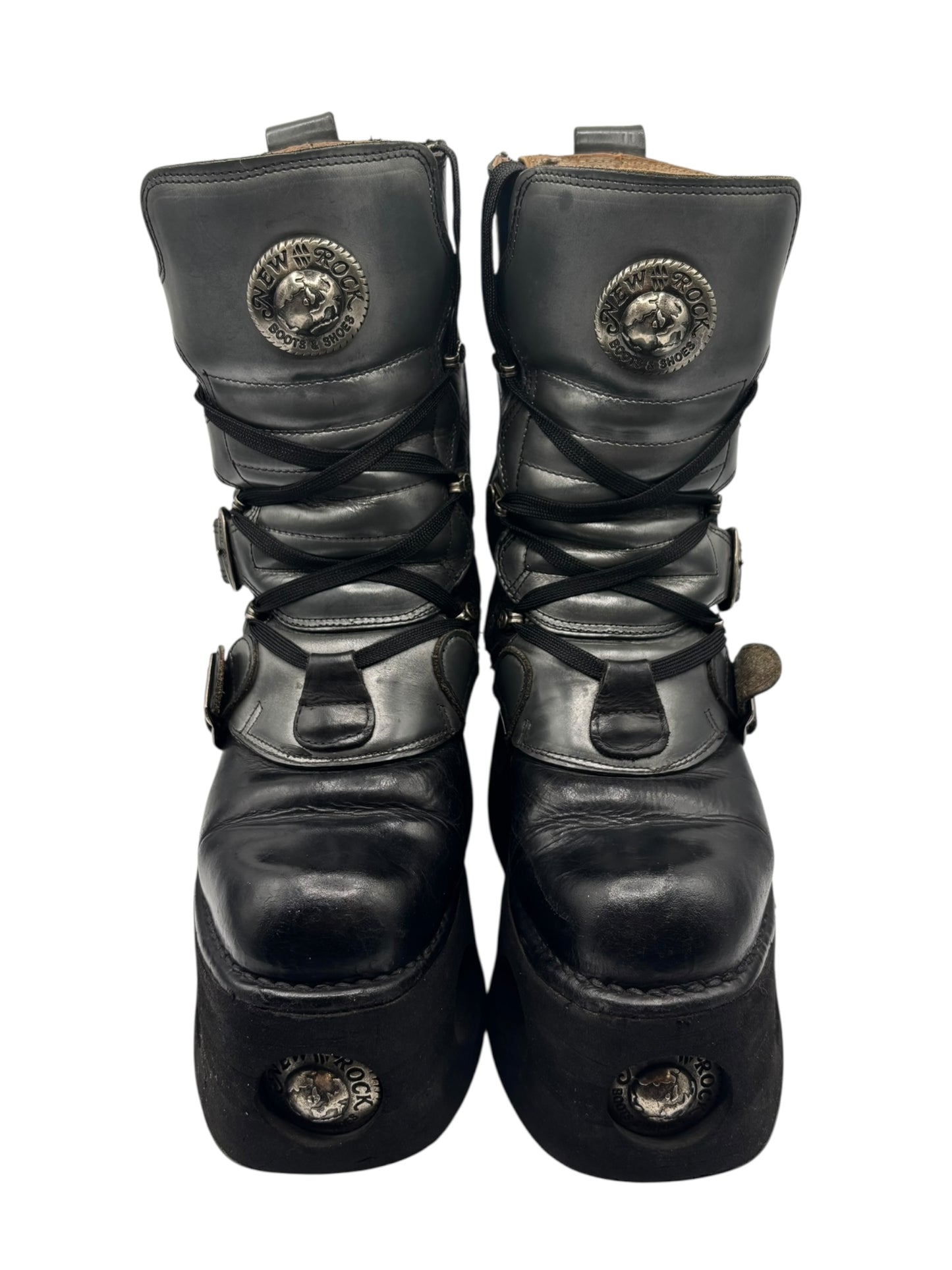 Vintage 90s New Rock mid-calf leather neptuno platform boots size 36