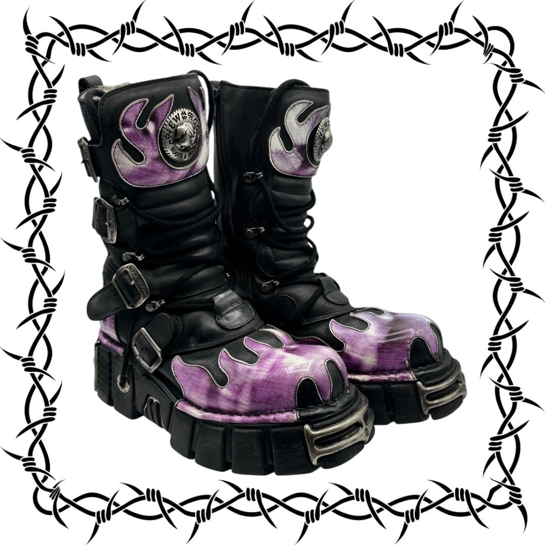 Vintage New Rock mid-calf purple flame platform boots size 39