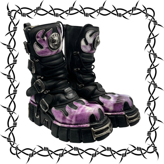 Vintage New Rock mid-calf purple flame platform boots size 39