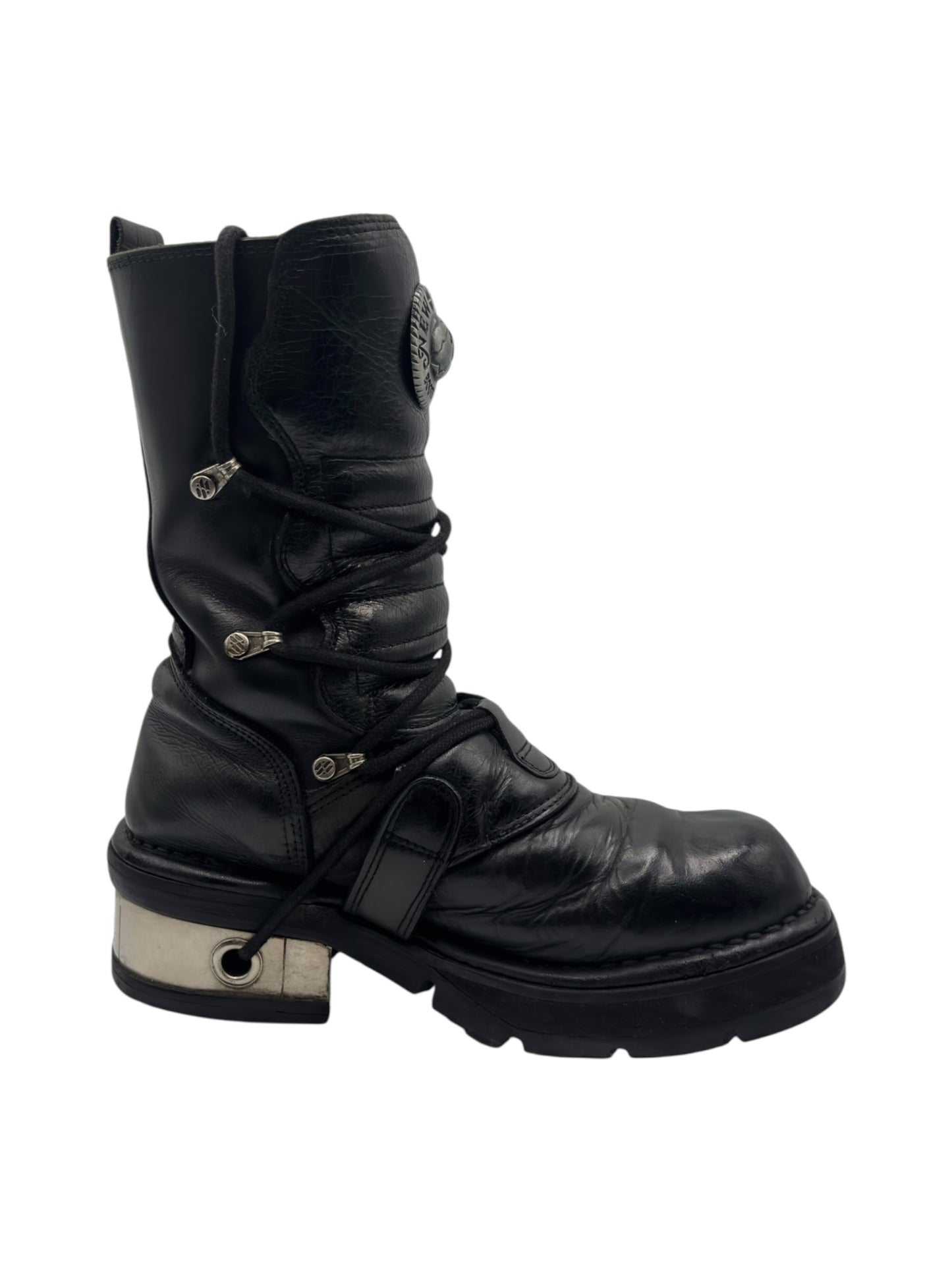 Vintage New Rock buckled raised-heel mid-calf leather boots