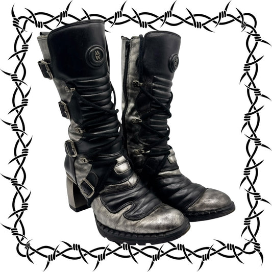 Vintage New Rock mid-calf leather biker heels in black and grey colorway size 36