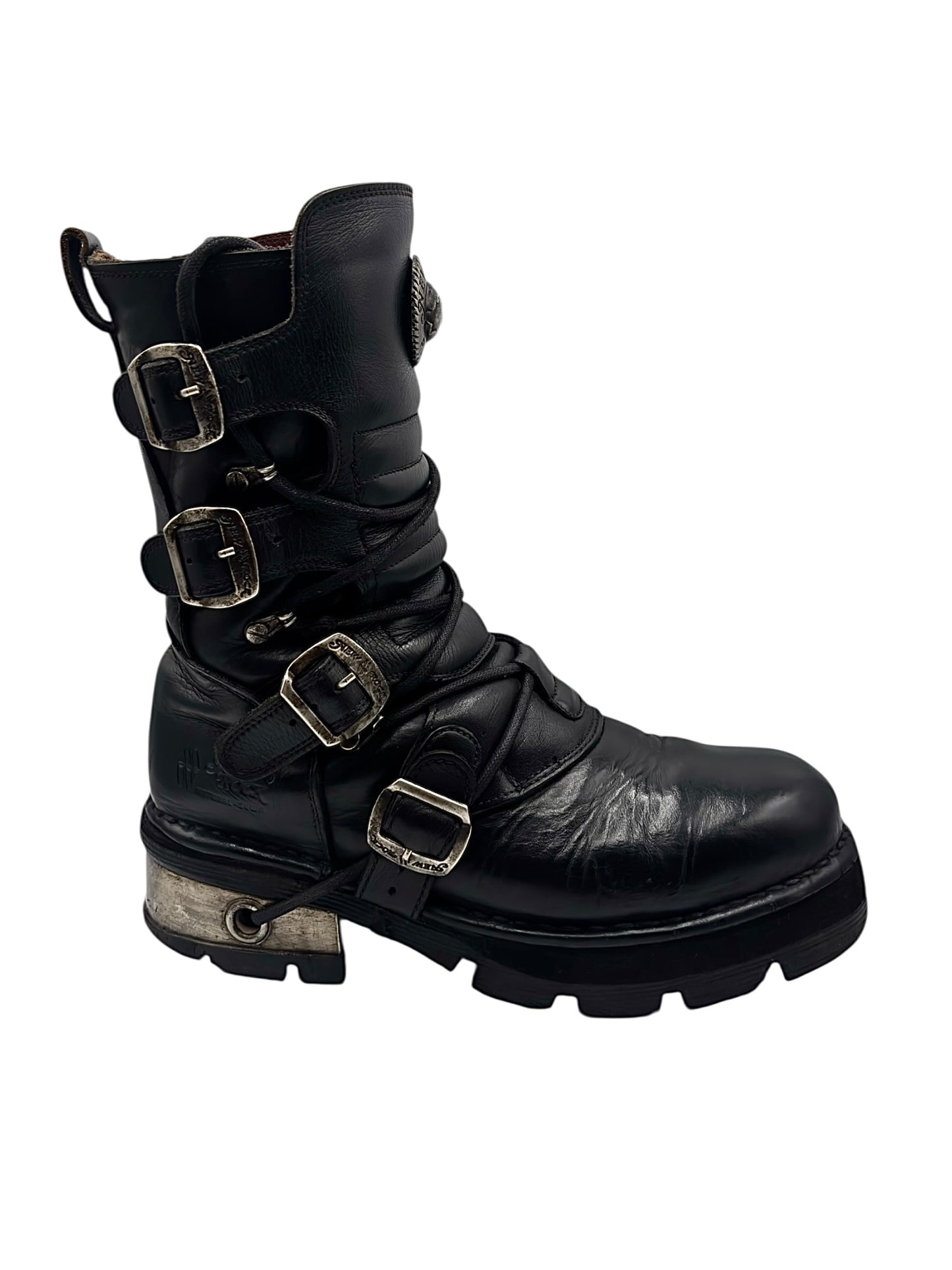 Vintage New Rock buckled raised-heel mid-calf leather boots size 42