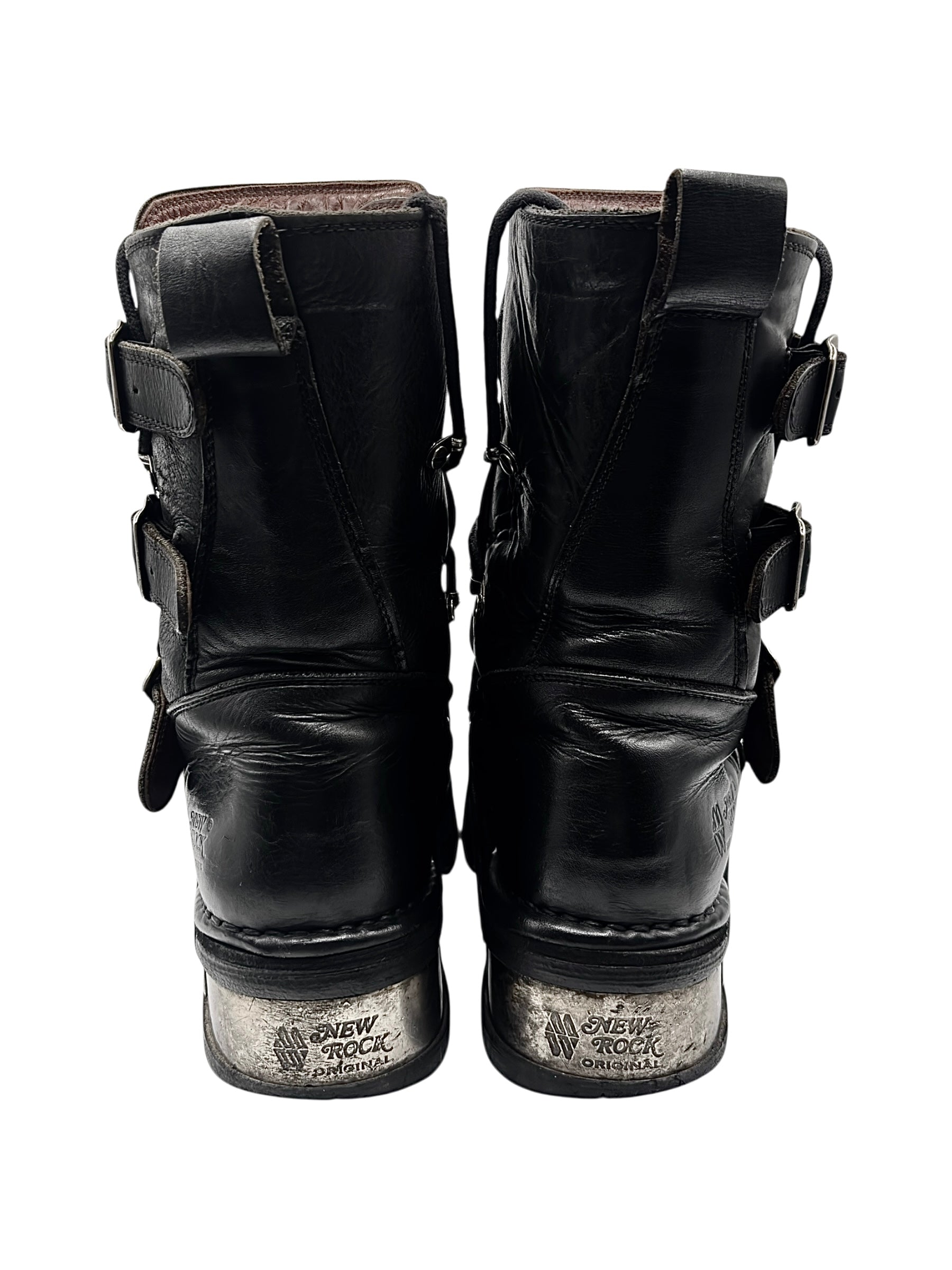 Vintage New Rock buckled raised-heel mid-calf leather boots size 42