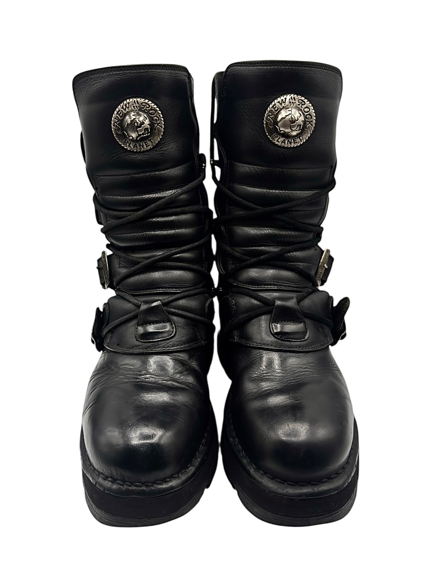 Vintage New Rock buckled raised-heel mid-calf leather boots size 42