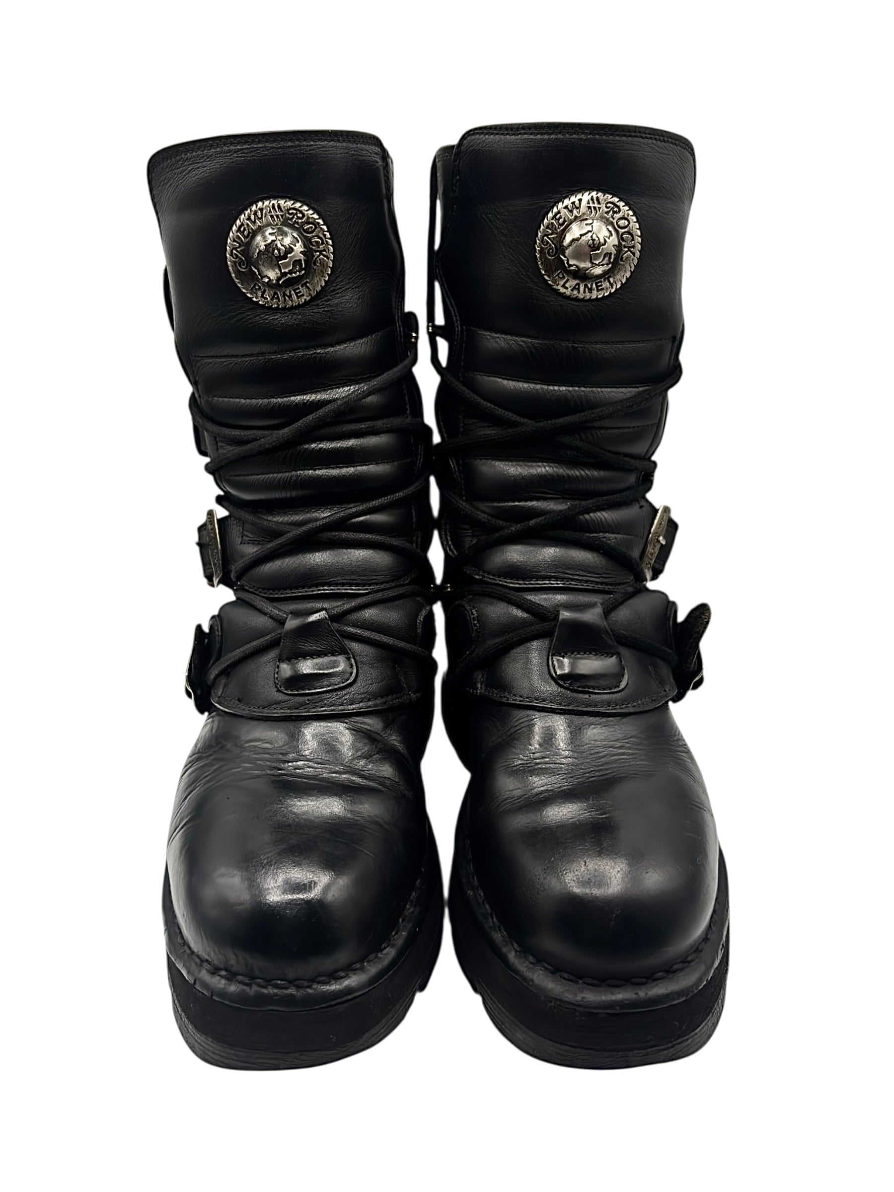 Vintage New Rock buckled raised-heel mid-calf leather boots size 42