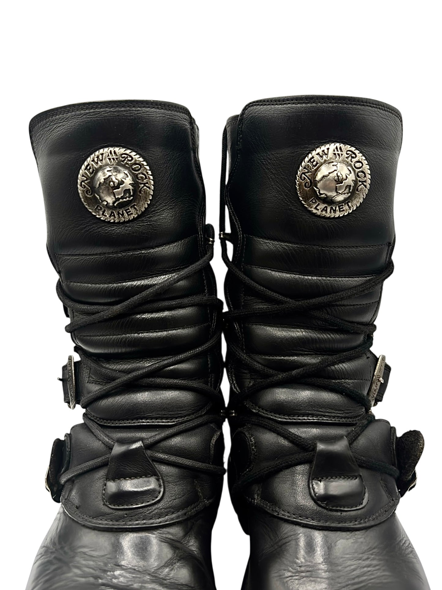 Vintage New Rock buckled raised-heel mid-calf leather boots size 42