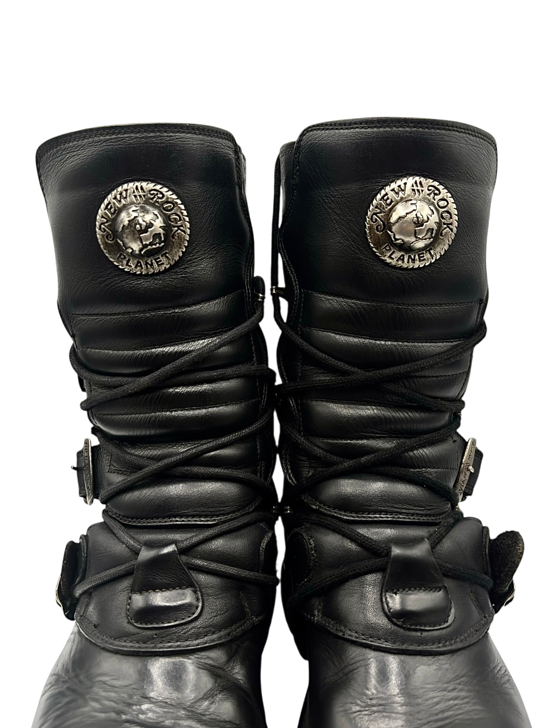 Vintage New Rock buckled raised-heel mid-calf leather boots size 42