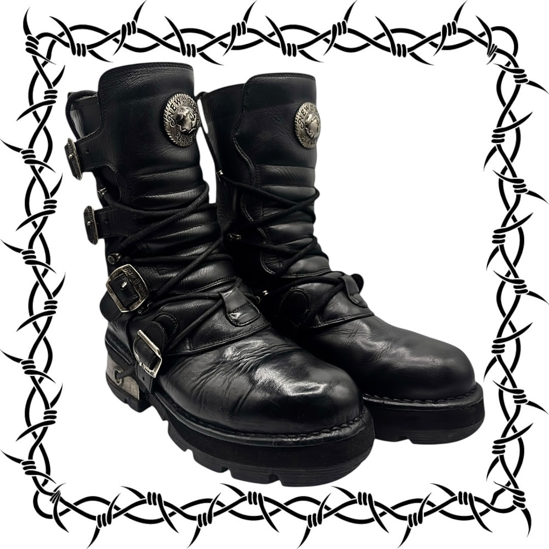 Vintage New Rock buckled raised-heel mid-calf leather boots size 42