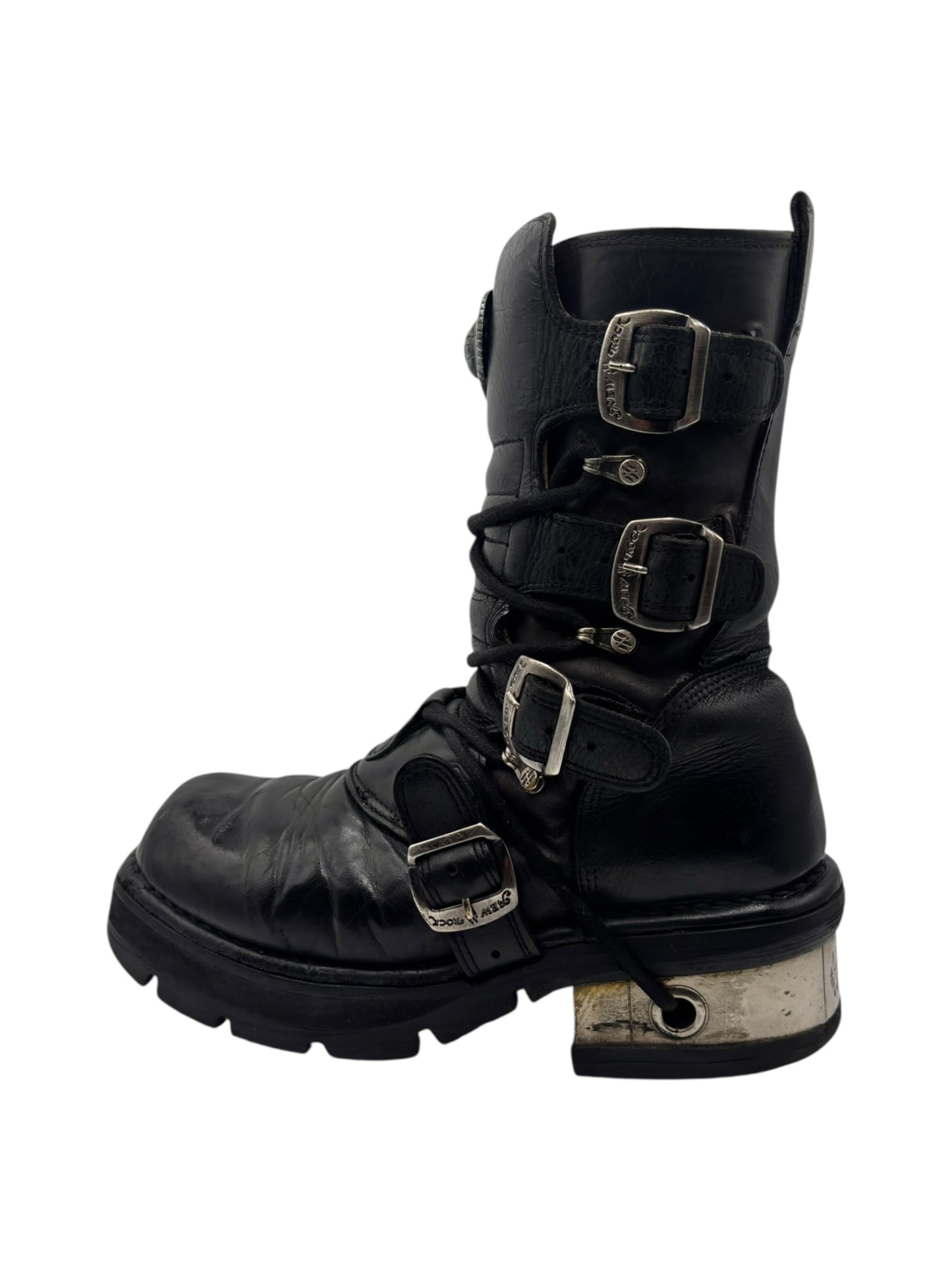 Vintage New Rock buckled raised-heel mid-calf leather boots