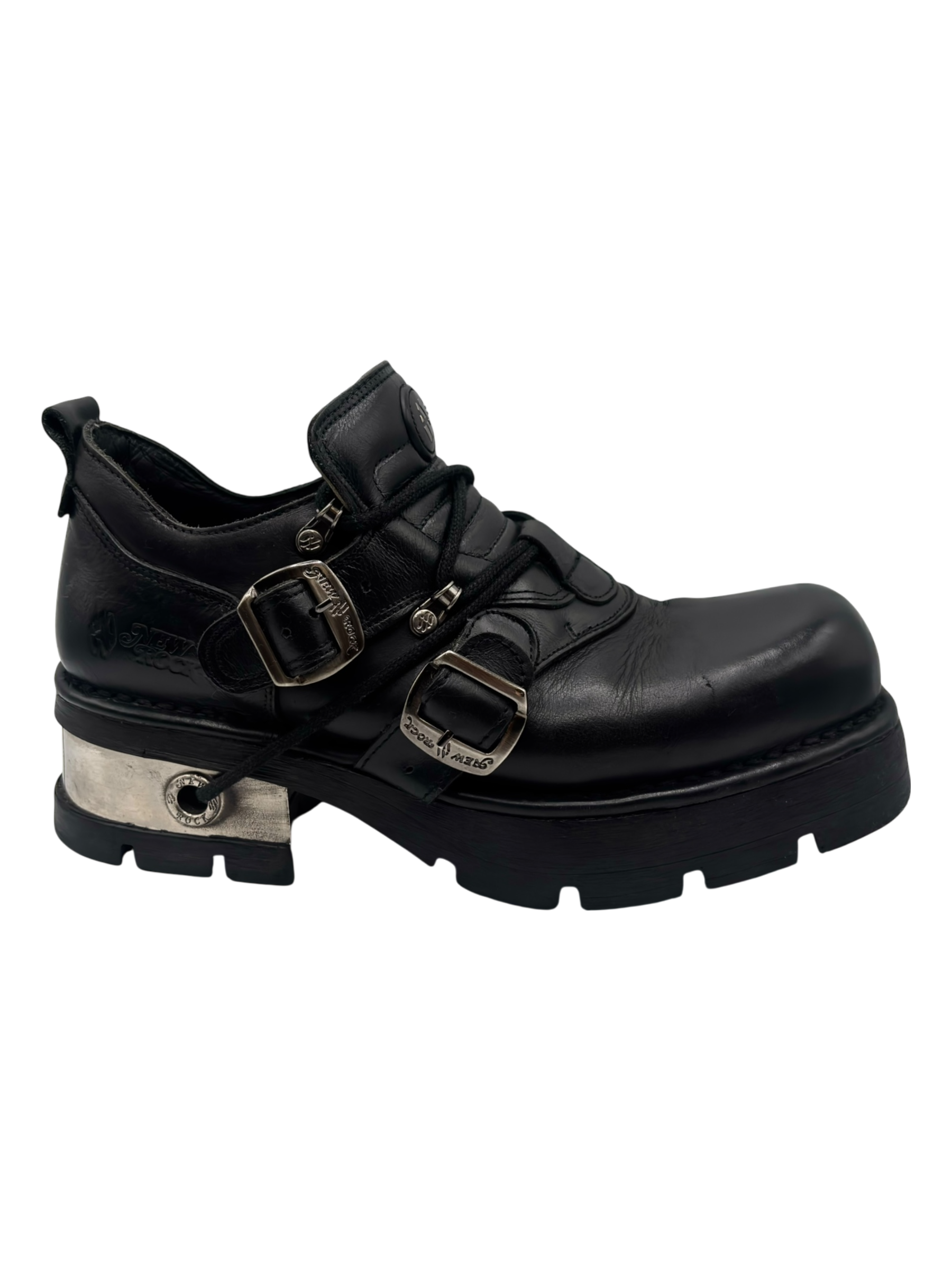 Vintage New Rock leather raised-heel buckle boots size 45