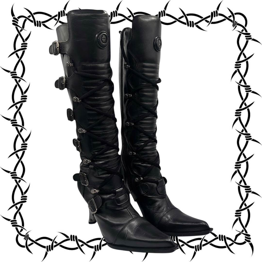 Vintage New Rock knee high leather biker heels size 44