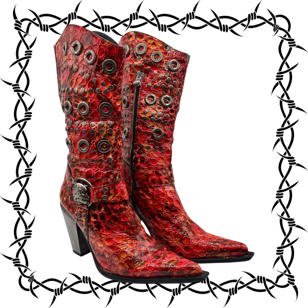 Vintage New Rock ruby mid-calf leather biker heels size 41