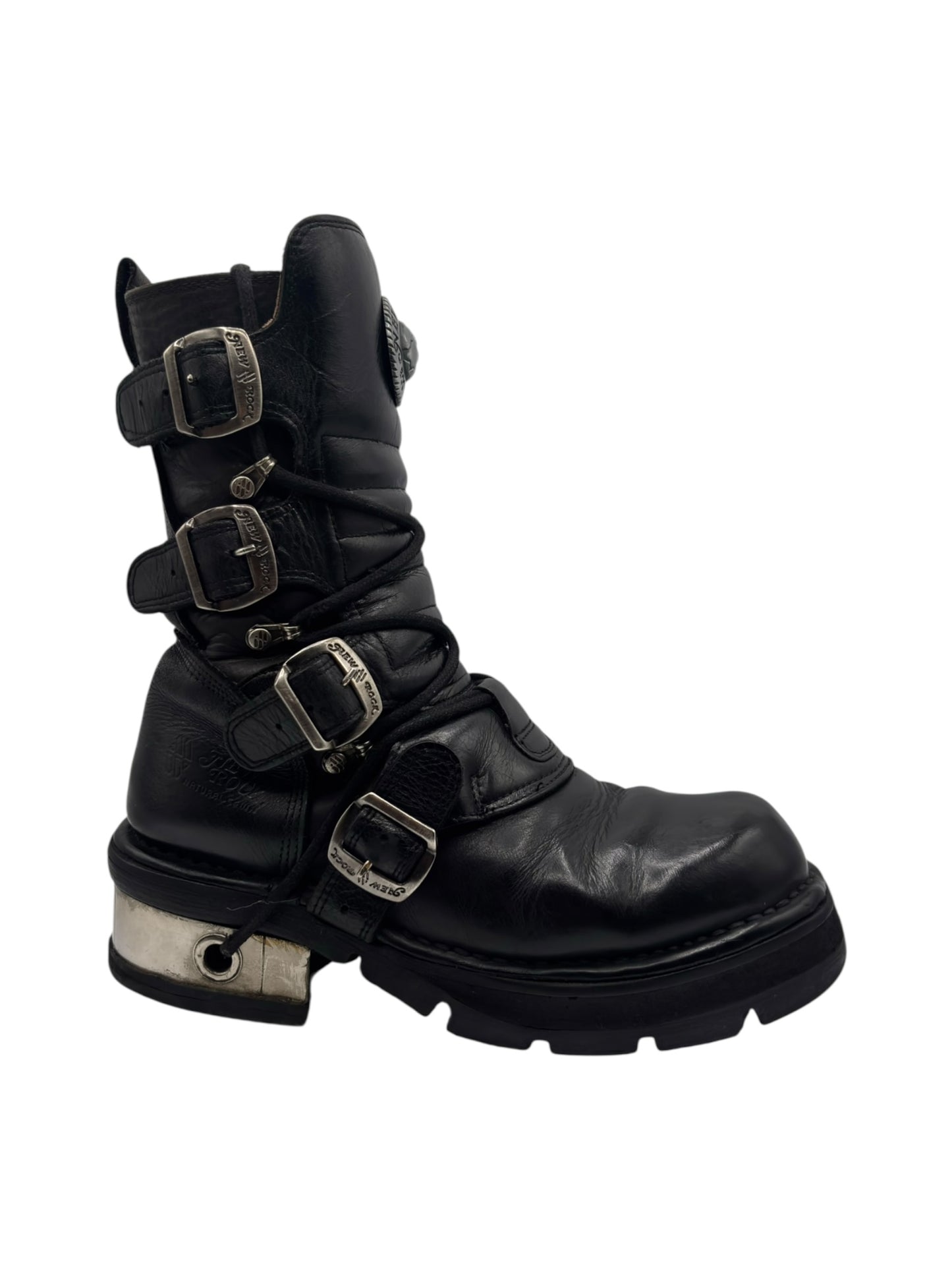 Vintage New Rock buckled raised-heel mid-calf leather boots