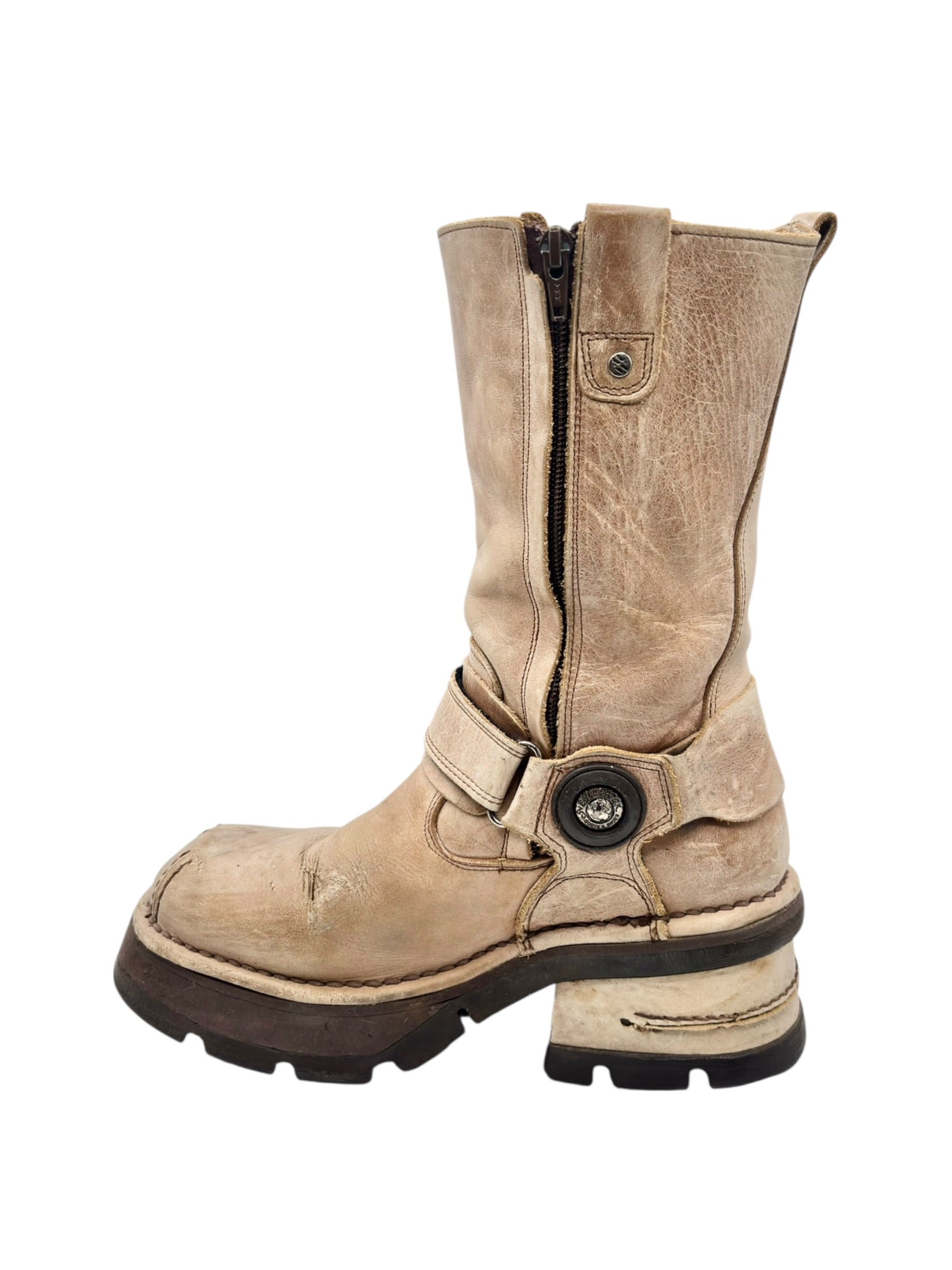 Vintage New Rock beige leather biker boots size 40