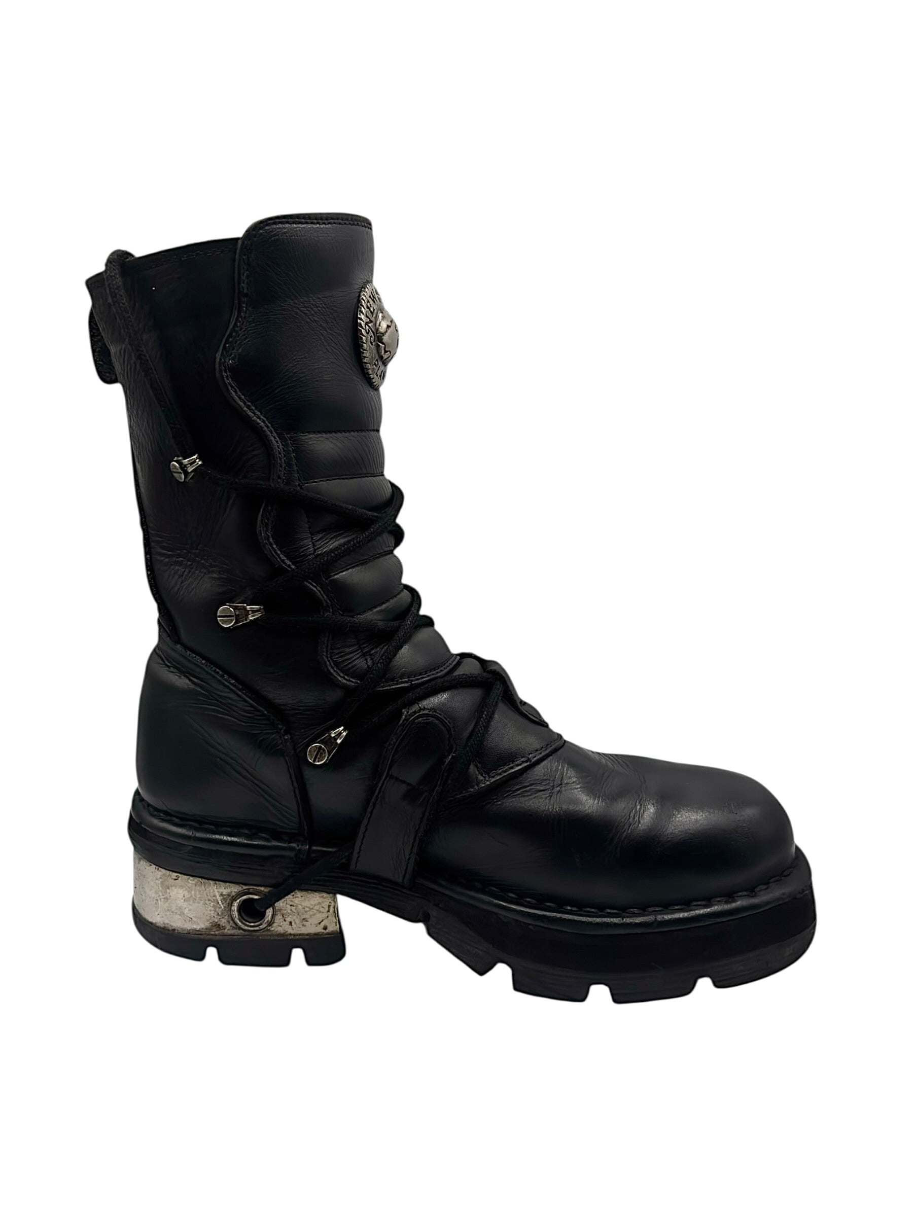 Vintage New Rock buckled raised-heel mid-calf leather boots size 42