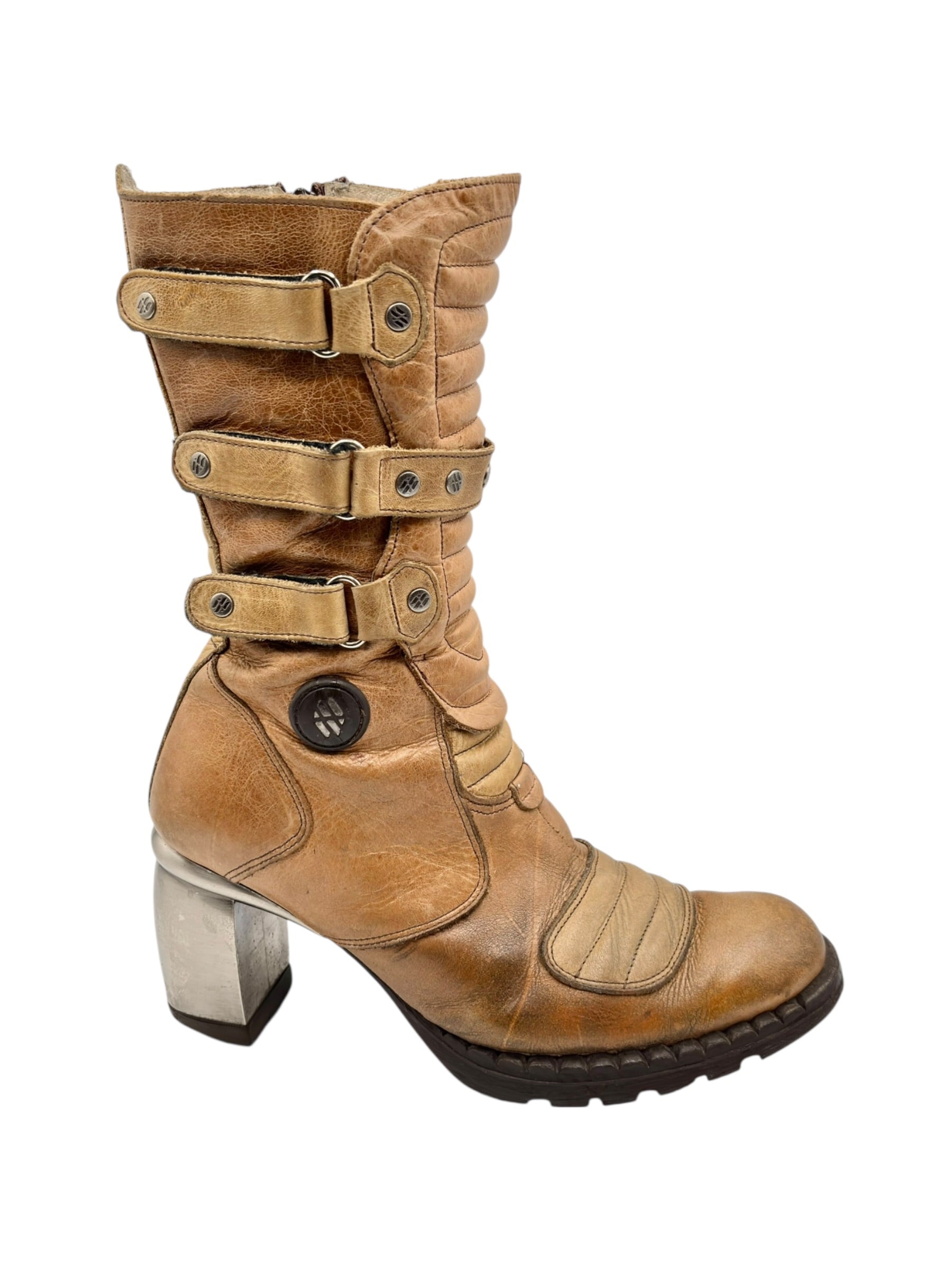 Vintage New Rock beige mid-calf leather biker heels size 37