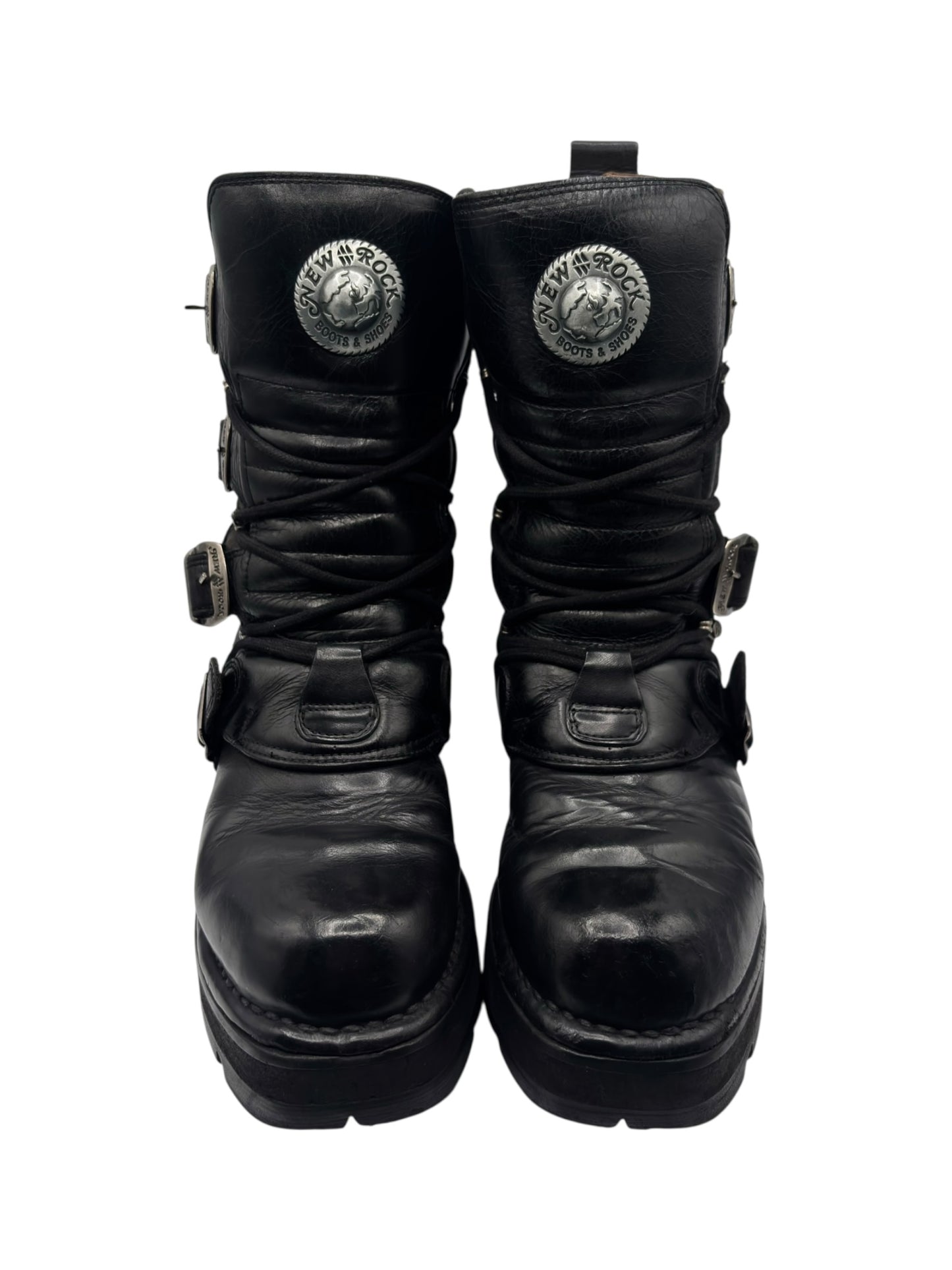 Vintage New Rock buckled raised-heel mid-calf leather boots