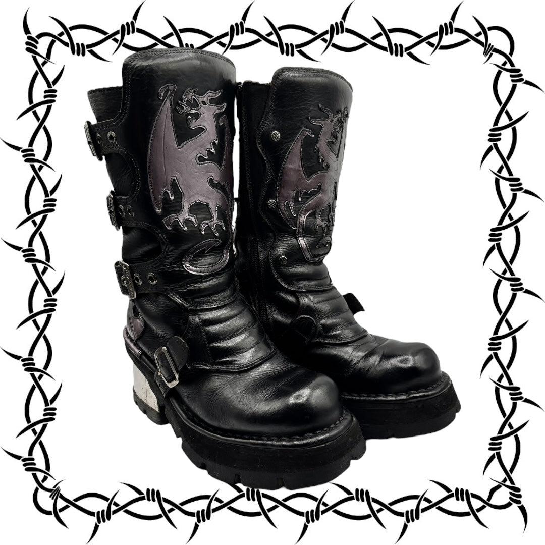 Vintage New Rock purple dragon mid-calf leather boots size 39