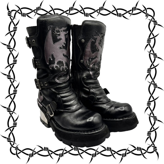 Vintage New Rock purple dragon mid-calf leather boots size 39