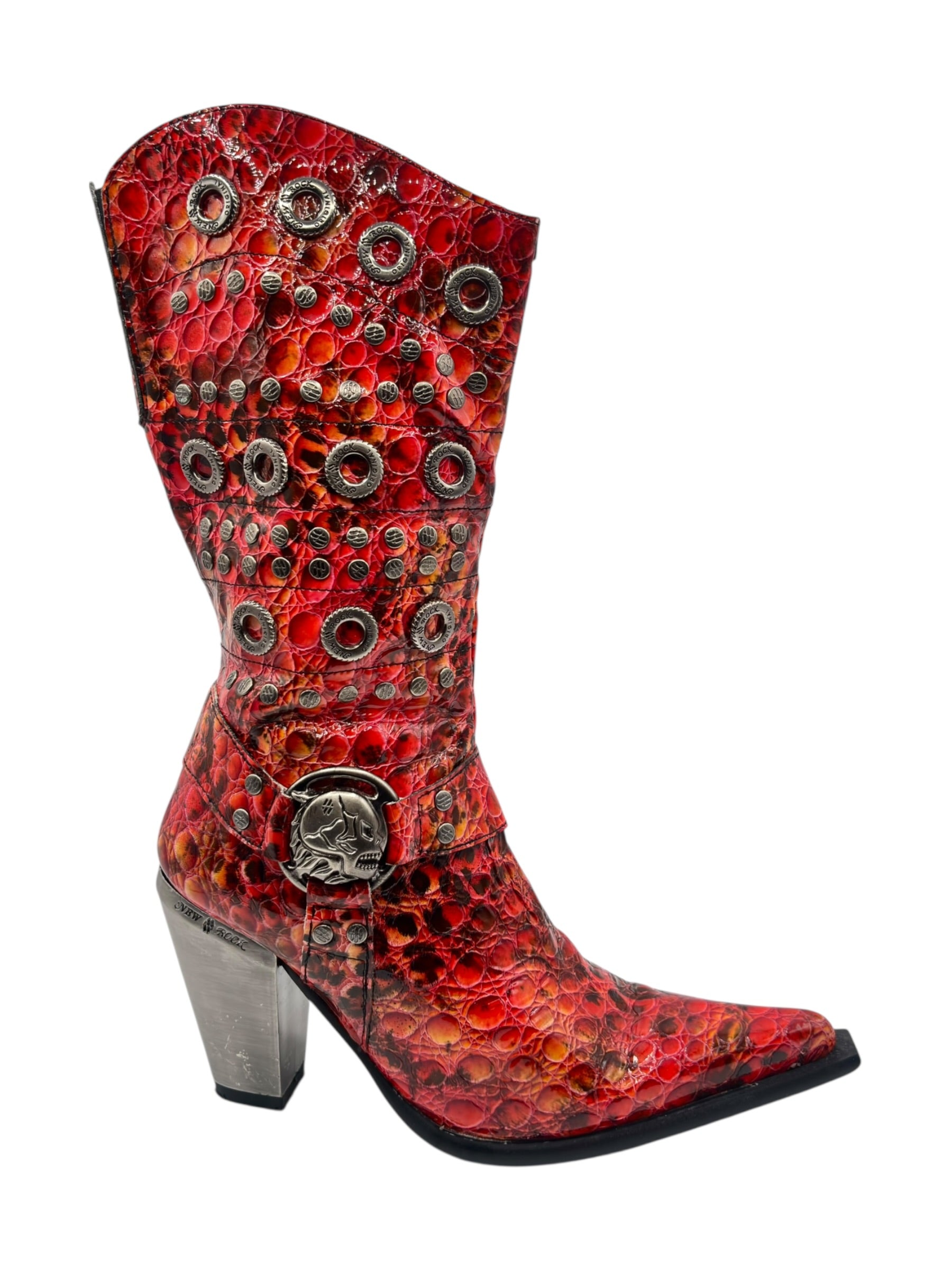 Vintage New Rock ruby mid-calf leather biker heels size 41