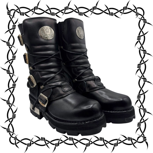 Vintage New Rock buckled raised-heel mid-calf leather boots size 40