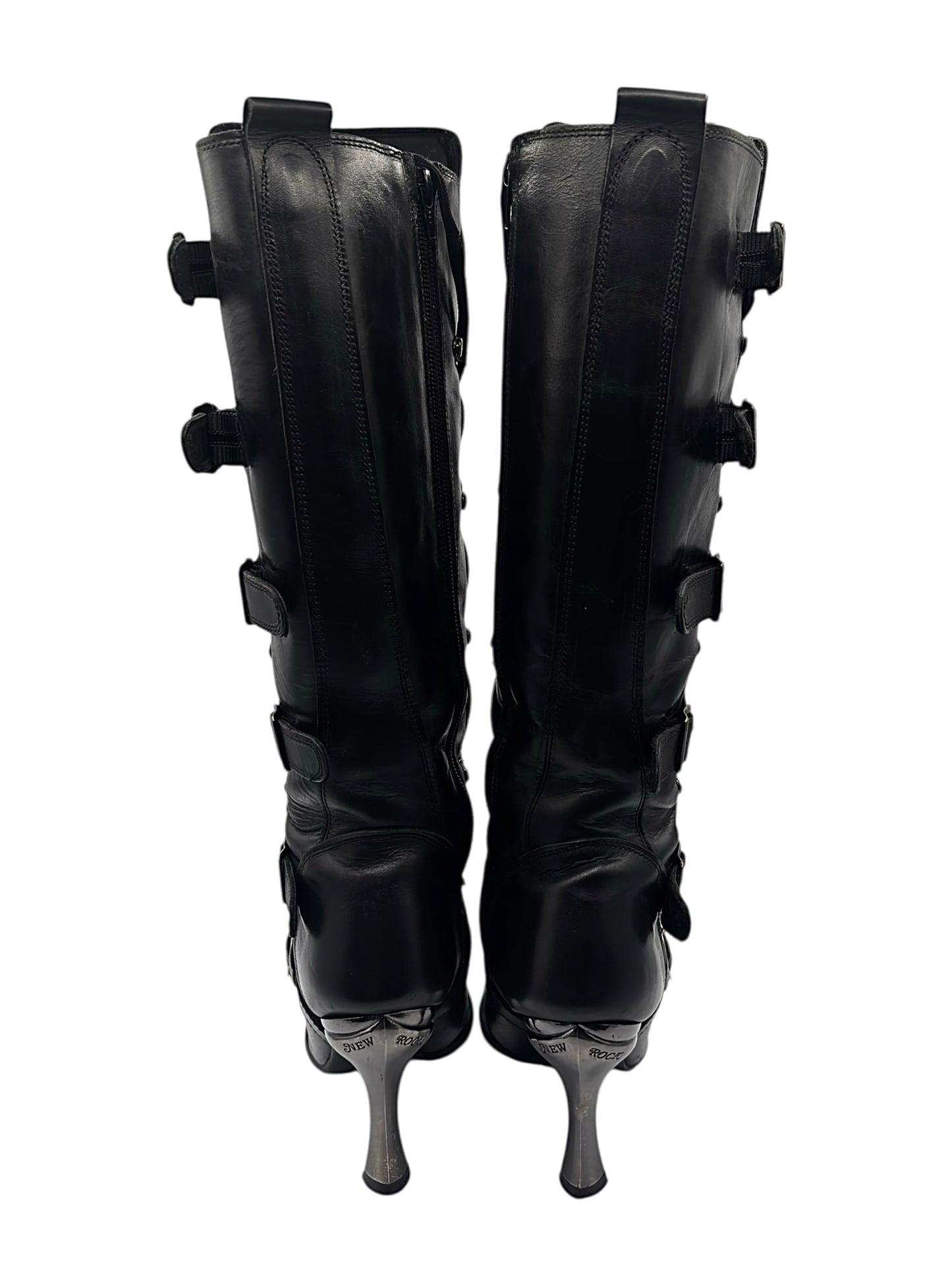 Vintage New Rock knee high leather biker heels size 44