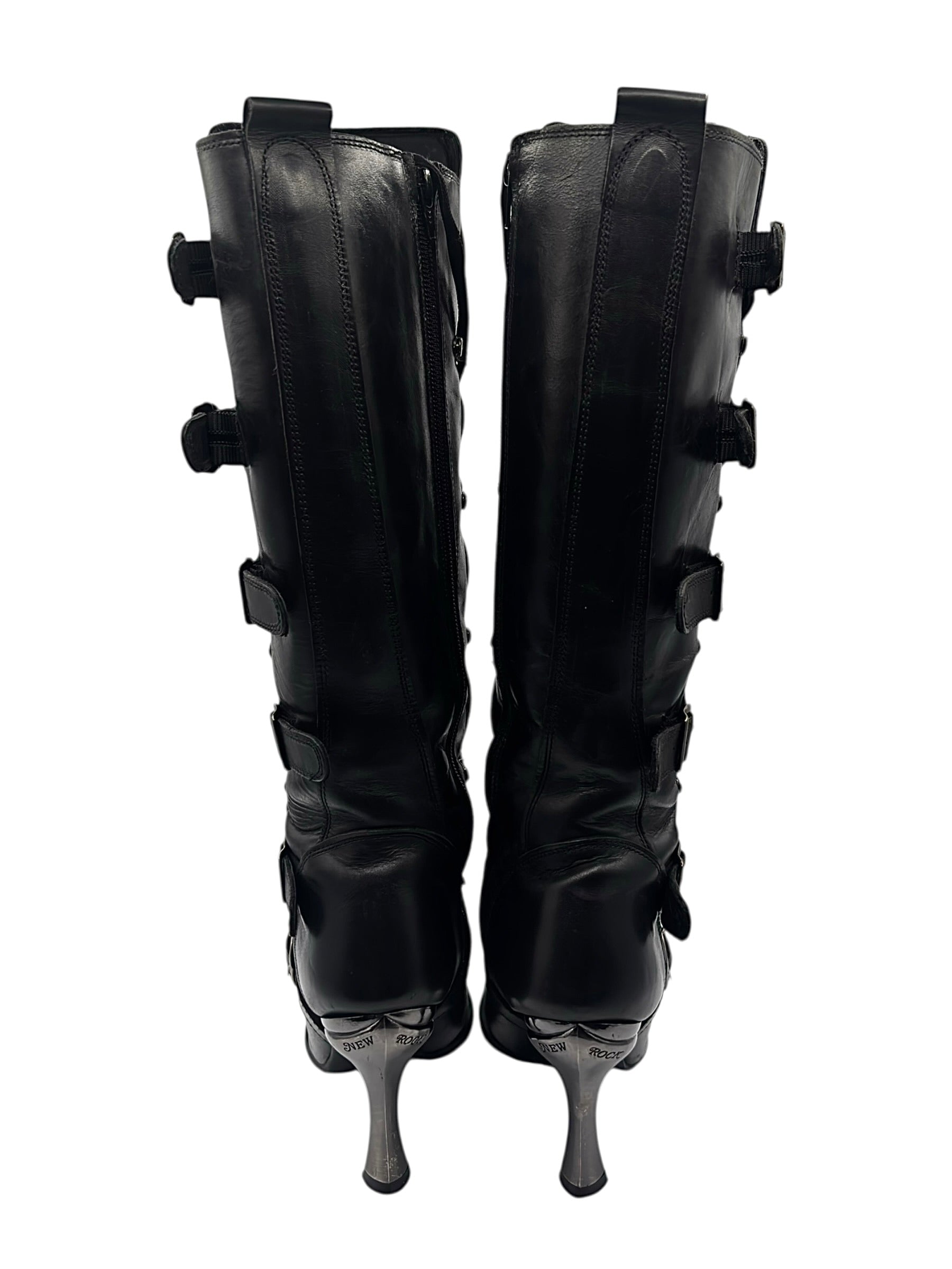 Vintage New Rock knee high leather biker heels size 44