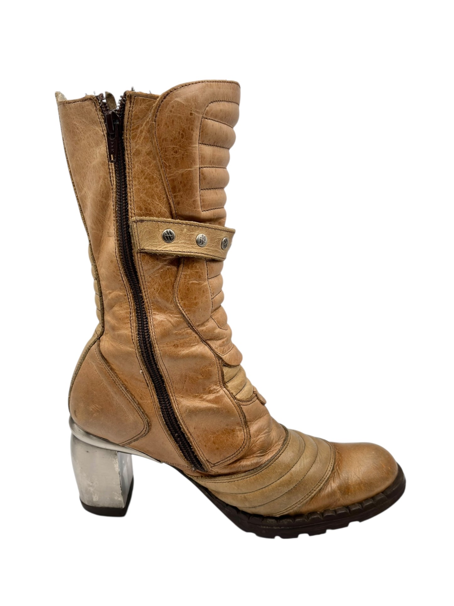 Vintage New Rock beige mid-calf leather biker heels size 37