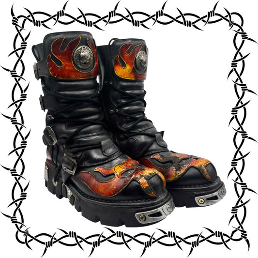 Vintage New Rock orange flame mid-calf reactor leather boots