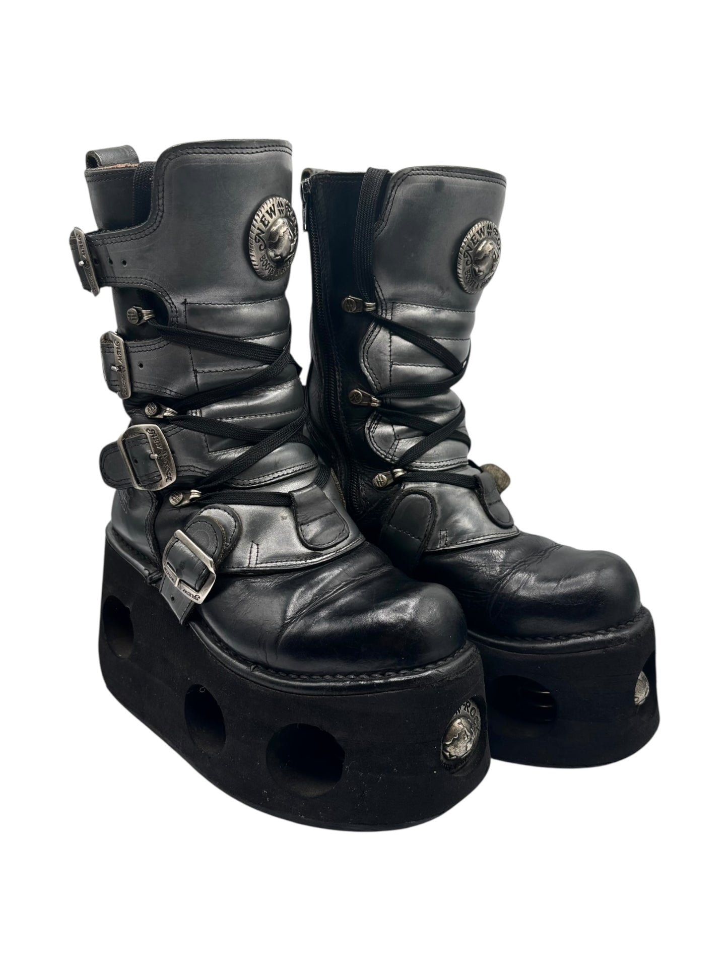 Vintage 90s New Rock mid-calf leather neptuno platform boots size 36