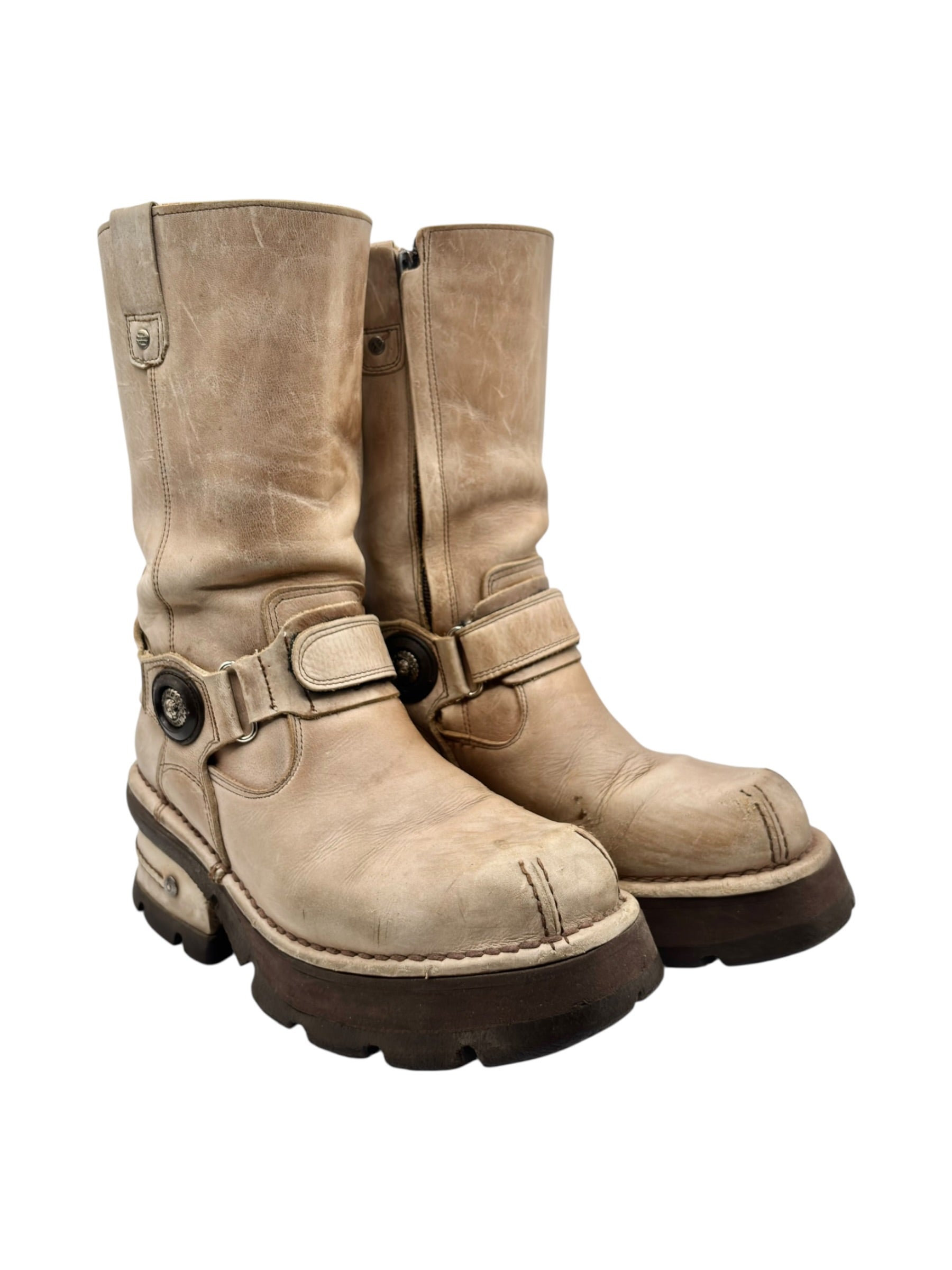 Vintage New Rock beige leather biker boots size 40