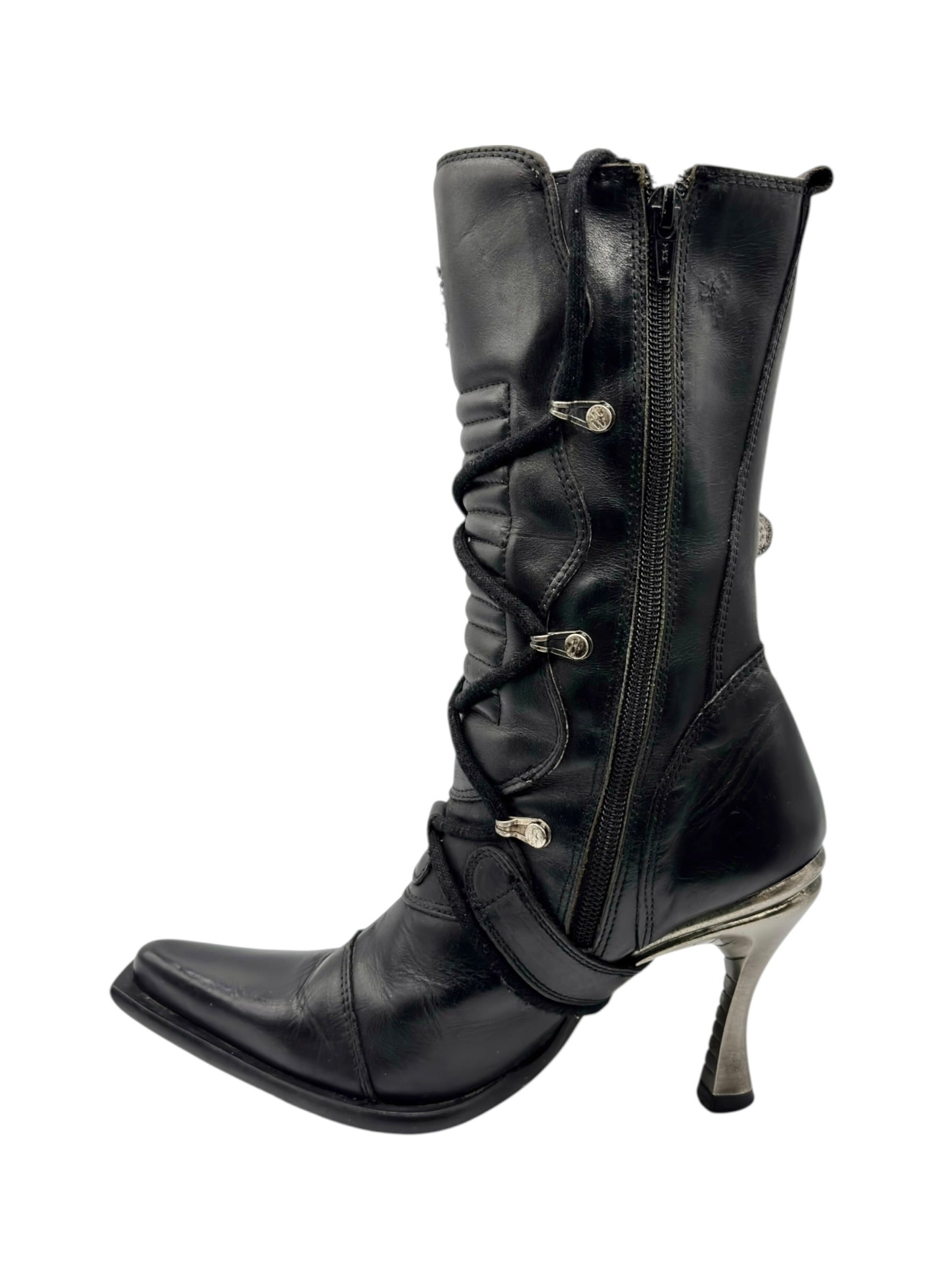 Vintage New Rock mid-calf leather biker heels size 36