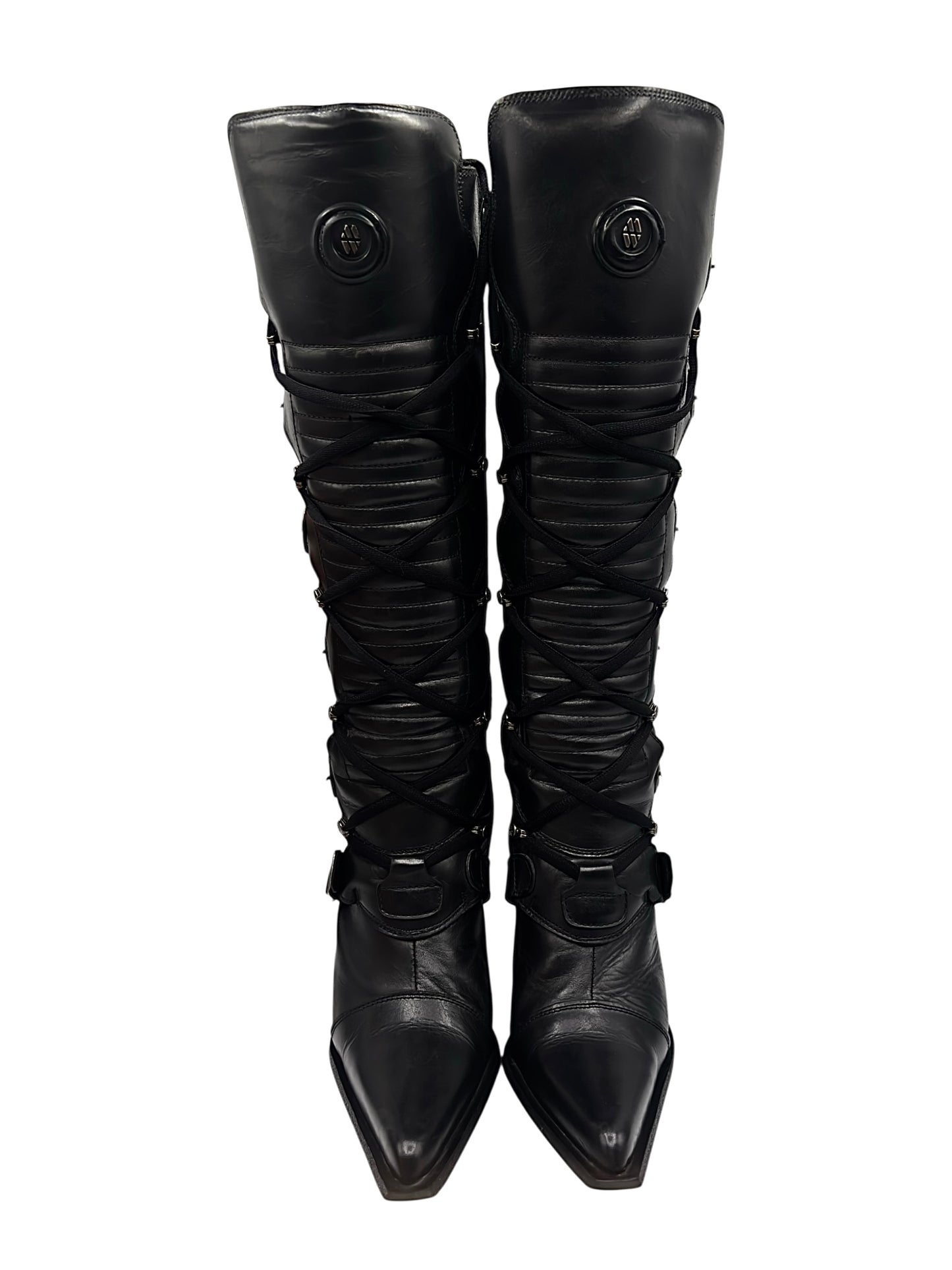 Vintage New Rock knee high leather biker heels size 44