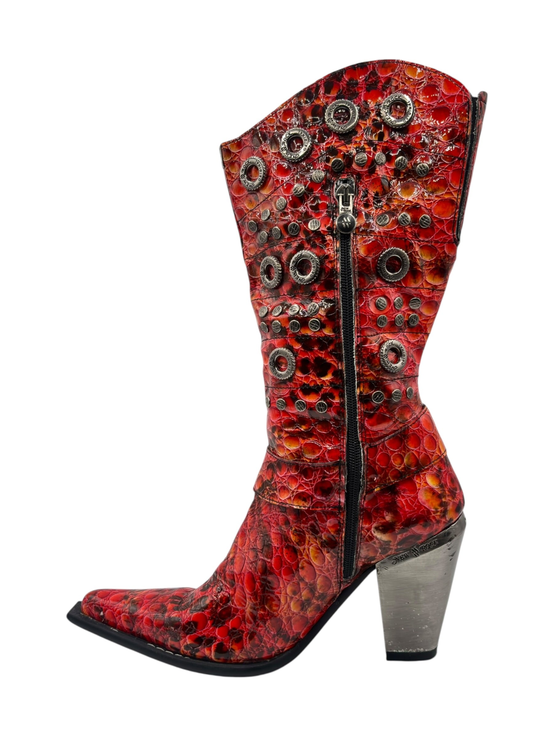 Vintage New Rock ruby mid-calf leather biker heels size 41