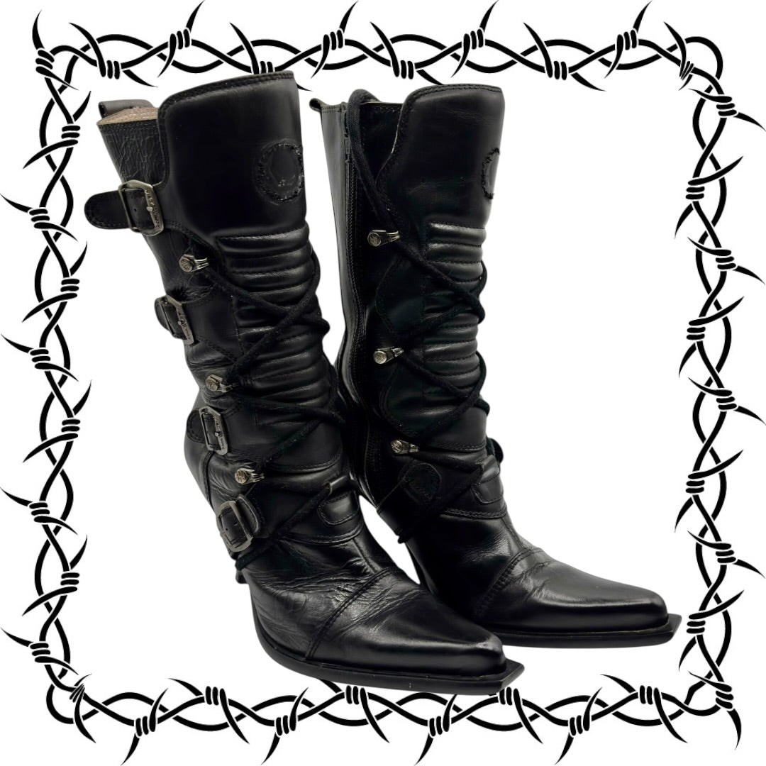 Vintage New Rock mid-calf leather biker heels size 36