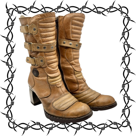 Vintage New Rock beige mid-calf leather biker heels size 37