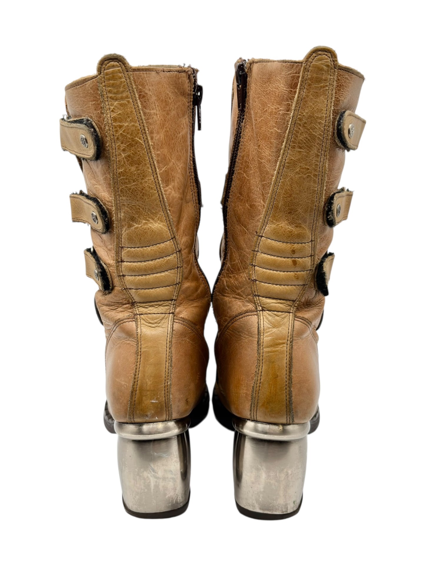 Vintage New Rock beige mid-calf leather biker heels size 37
