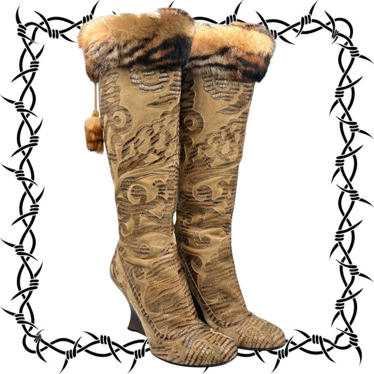 Beautiful vintage El Dantes golden brown fur leather boots size 40