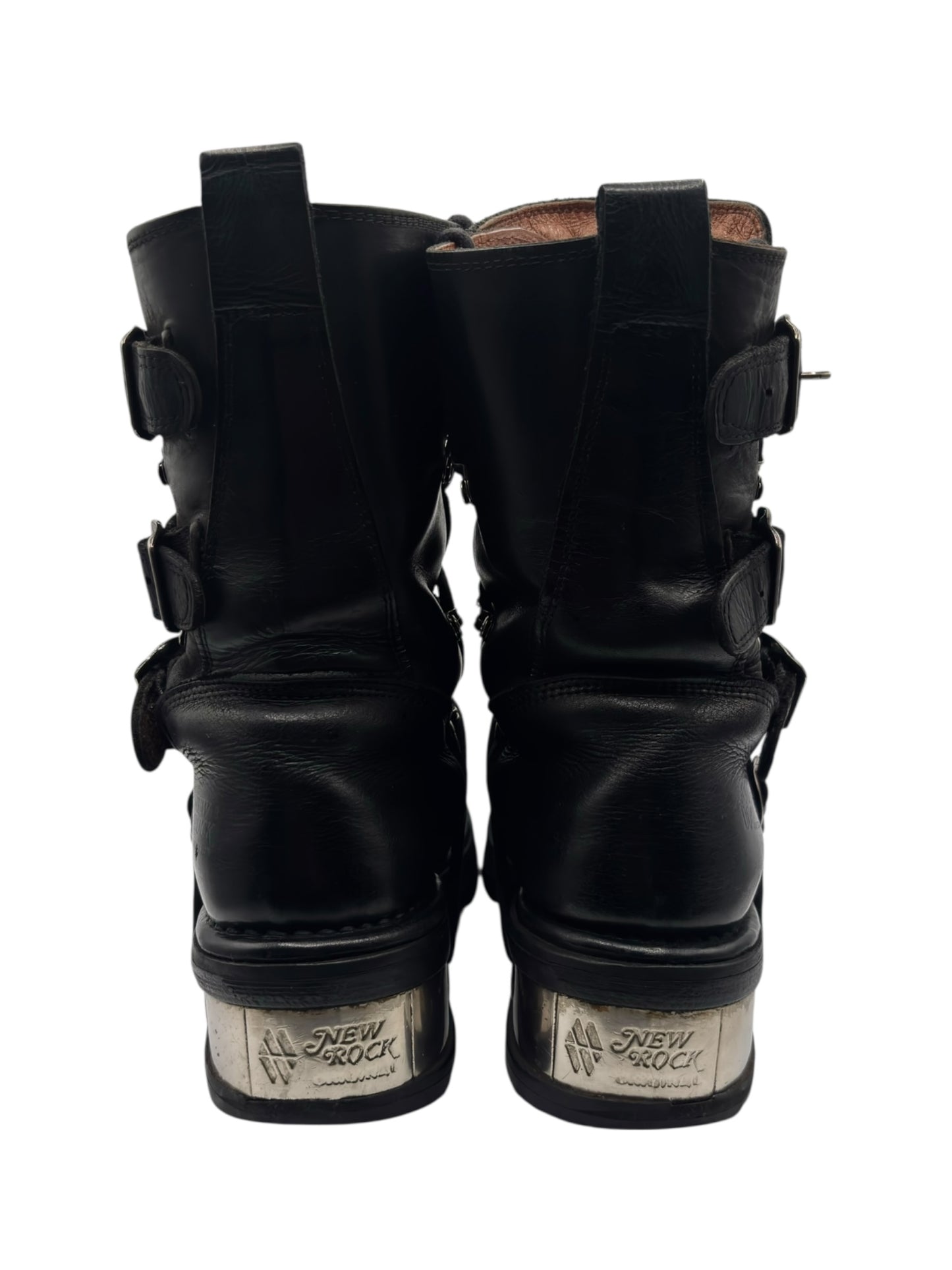 Vintage New Rock buckled raised-heel mid-calf leather boots
