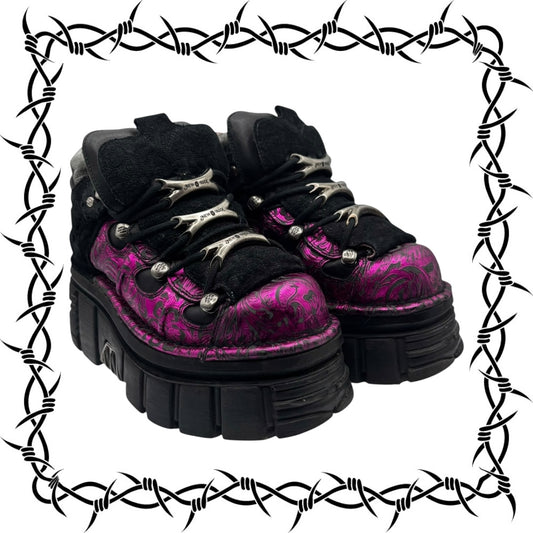 Rare vintage New Rock pink patterned M-106B platform boots size 39