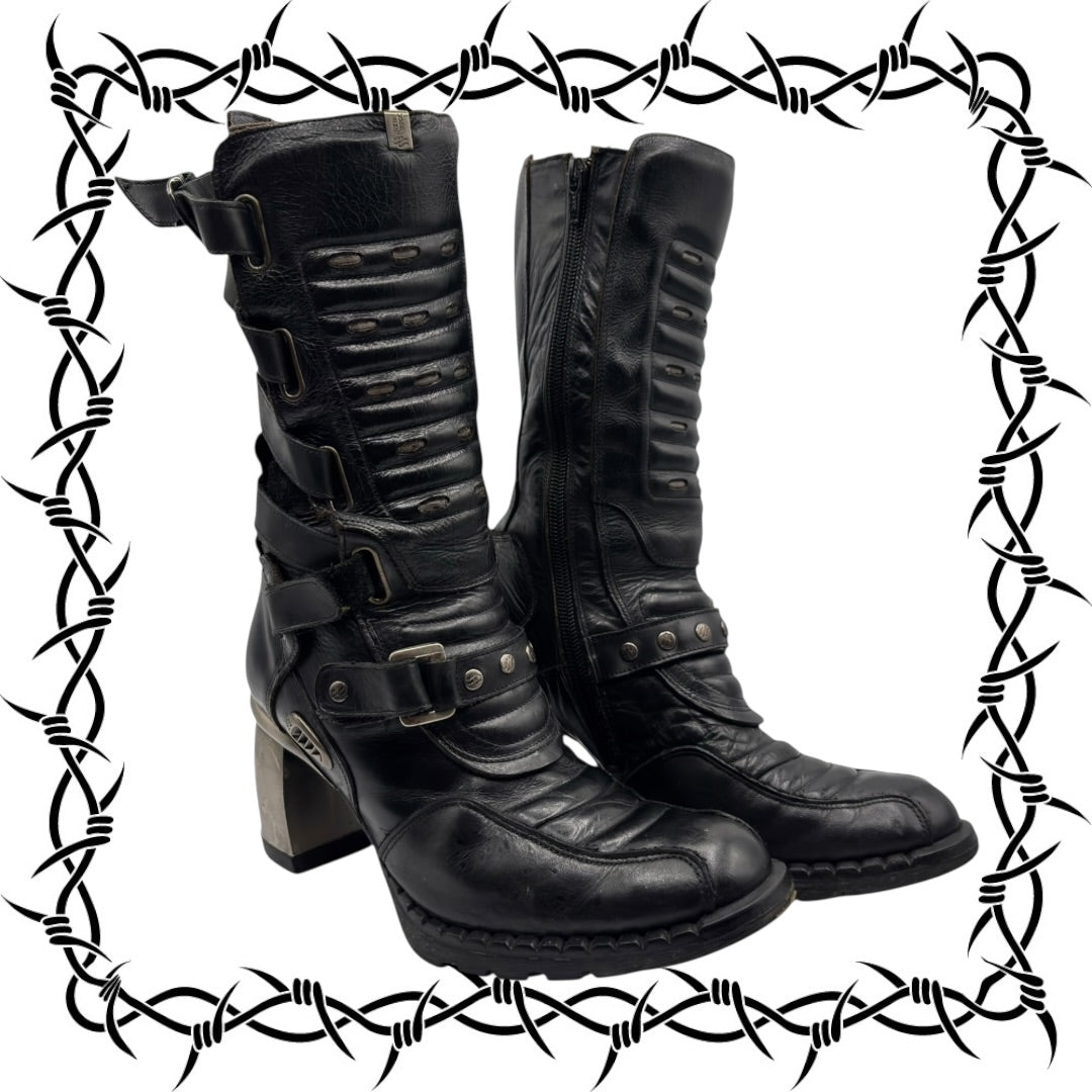 Vintage New Rock biker mid-calf leather boots