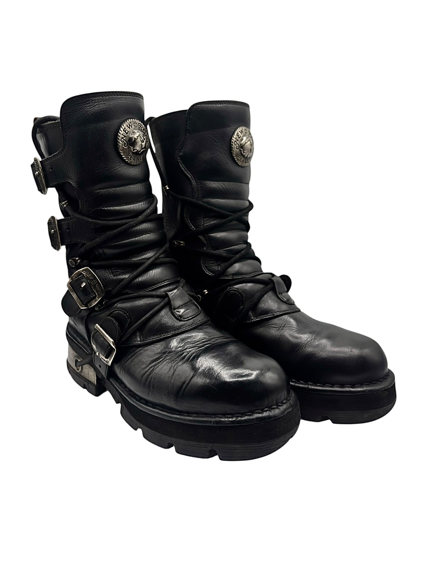 Vintage New Rock buckled raised-heel mid-calf leather boots size 42