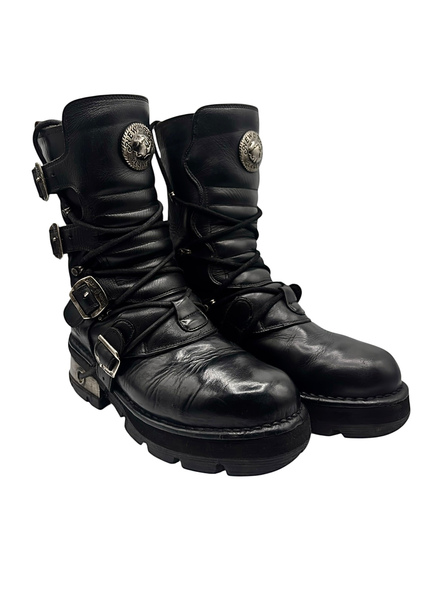 Vintage New Rock buckled raised-heel mid-calf leather boots size 42