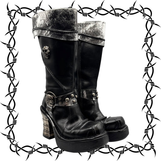 Vintage New Rock knee high round toe leather boots size 38