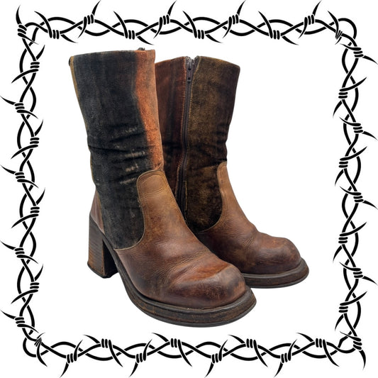 Beautiful vintage 90s Destroy brown colored block platform boots size 39