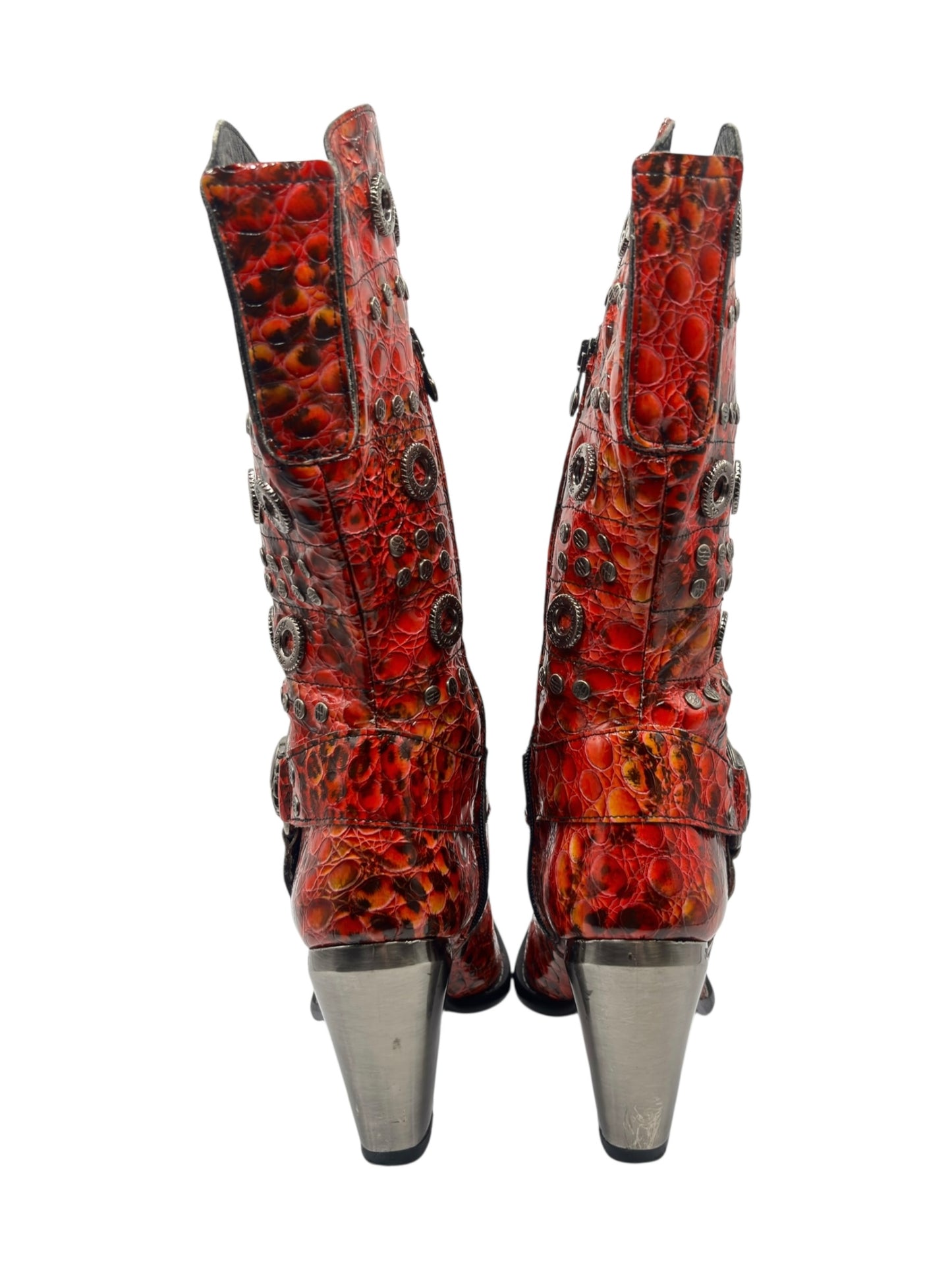 Vintage New Rock ruby mid-calf leather biker heels size 41